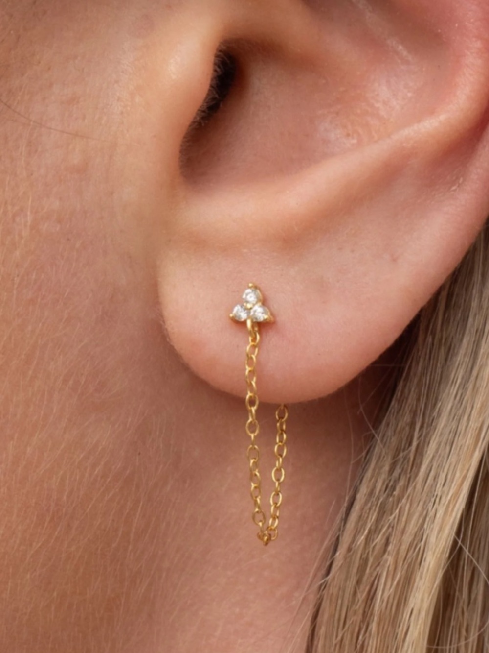 Gold Trinity Diamond Chain Drop Stud Earring - Women Jewelry
